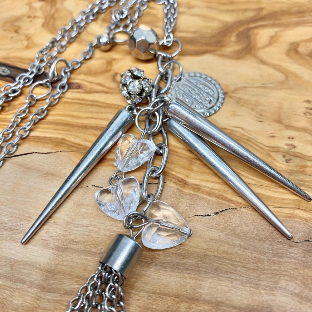 Silver Spike and Crystal Heart Necklace